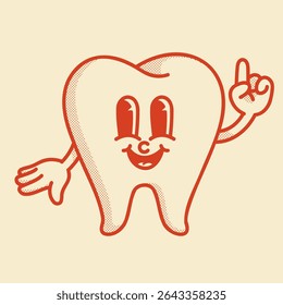 Happy smiling retro tooth mascot. Dentistry icon, dentist logo. Finger up