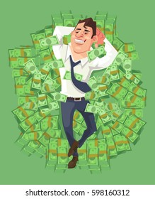 Happy smiling rich businessman character lying on pile of money. Vector flat cartoon illustration