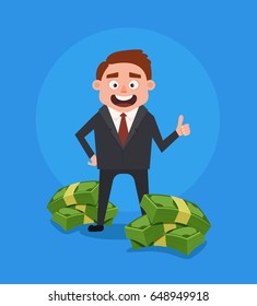 Happy smiling rich businessman office worker character standing near pile of money. Vector flat cartoon illustration

