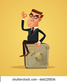 Happy smiling rich businessman office worker character sitting on safe box and showing ok hand sign. Vector flat cartoon illustration