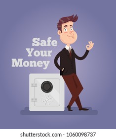 Happy smiling rich office worker businessman character stand near safety deposit money box safe and showing OK sign. Business banking finance protection concept. Vector flat cartoon isolated