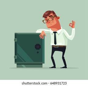 Happy smiling rich office worker businessman character stand near safety safe deposit box. Vector flat cartoon illustration