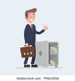 Happy smiling rich office worker businessman character stand near safety safe deposit box. Vector flat cartoon illustration