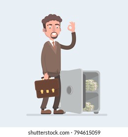 Happy smiling rich office worker businessman character stand near safety safe deposit box. Vector flat cartoon illustration