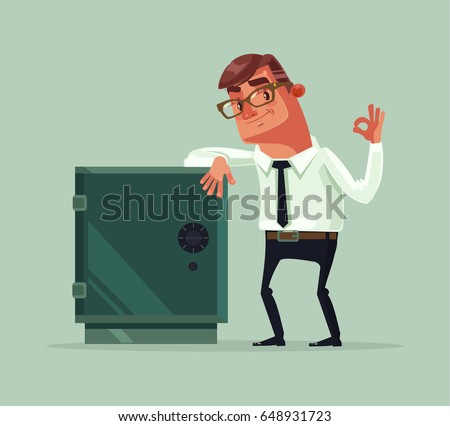 Happy smiling rich office worker businessman character stand near safety safe deposit box. Vector flat cartoon illustration