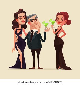 Happy Smiling Rich Old Man Character With Beauty Young  Women Models. Vector Flat Cartoon Illustration