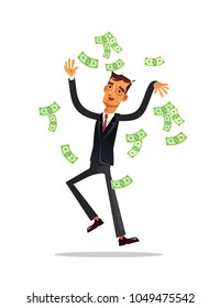 Happy smiling rich successful business man office worker winner entrepreneur character standing on the money rain and throw banknote in the air. Financial luck success fortune concept. Vector flat 