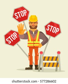 Happy smiling road worker man character show stop sign. Vector flat cartoon illustration