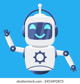 Happy Smiling Robot with Isolated. Chat Bot with Gears. Chatbot Robot Greets. Artificial Intelligence, AI Helper. Service and Support Assistant. Cartoon Flat Vector Illustration