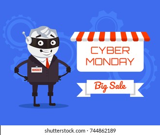 Happy smiling robot manager present Cyber Monday banner. Vector flat cartoon illustration