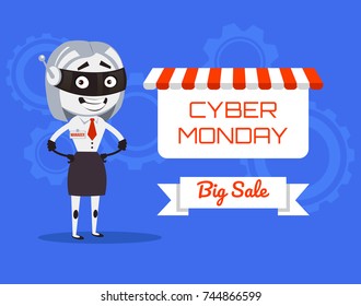 Happy smiling robot manager woman present Cyber Monday banner. Vector flat cartoon illustration