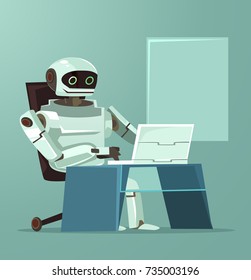 Happy smiling robot office worker character working at computer. Artificial intellect concept. Vector flat cartoon illustration