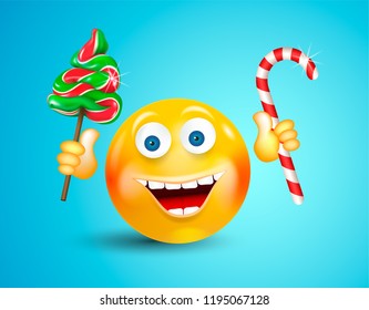 Happy smiling round face holding christmas candies fir-tree and cane on bright blue background. Cartoon character. Editable vector illustration EPS 10