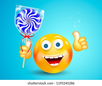 Happy smiling round face holding sweet candy lollipop and showing thumb up on bright blue background. 3DCartoon character. Editable vector illustration EPS 10