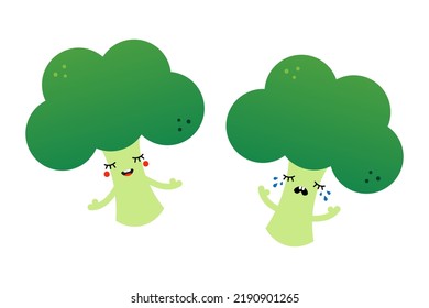 Happy smiling and sad crying cartoon style broccoli characters for food and nature design.
