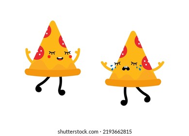 Happy smiling and sad crying cartoon style pizza slice characters for fast food design.

