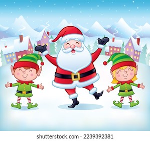Happy smiling Santa Claus character standing next to boy and girl elves out in the snow with small village and mountains behind them while snow is coming down.