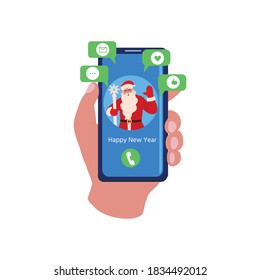 Happy smiling Santa Claus chatting online by mobile app. Internet messenger, communication remotely. Vector illustration for poster, card, web page, banner with merry Christmas and New Year