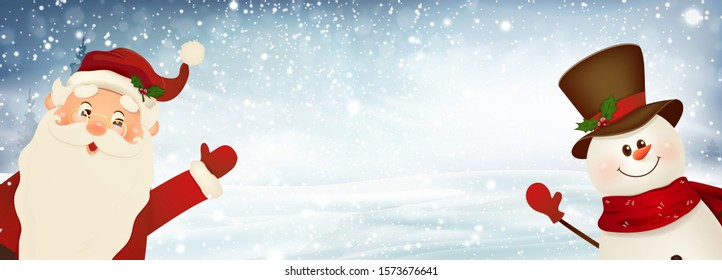 Happy smiling Santa Claus and cute snowman on big blank sign. Christmas background. Cartoon Santa Claus character with white copy space. Holiday winter landscape with firs, light, snow. vector.