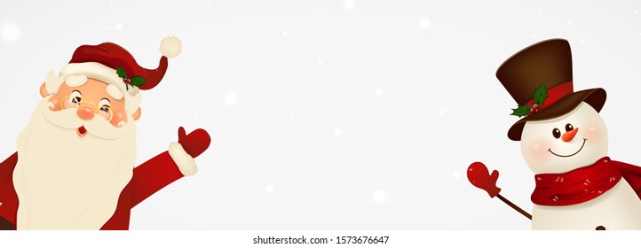 Happy smiling Santa Claus and cute snowman with signboard, advertisement banner. Cartoon Santa Claus character with white copy space, falling snow. Christmas background. vector illustration.