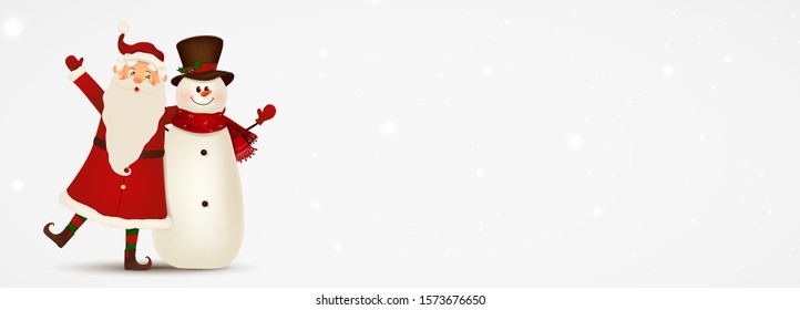 Happy smiling Santa Claus and cute snowman with signboard, advertisement banner. Cartoon Santa Claus character with white copy space, falling snow. Christmas background. vector illustration.