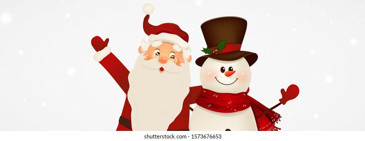 Happy smiling Santa Claus and cute snowman with signboard, advertisement banner. Cartoon Santa Claus character with white copy space, falling snow. Christmas background. vector illustration.