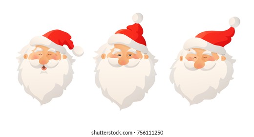 Happy smiling Santa Claus head with red hat and beard. Cartoon vector illustration isolated on white. For Christmas cards, gift tags and labels, stickers, banners, posters, website decoration.