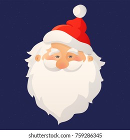 Happy smiling Santa Claus head with red hat and beard. Cartoon vector flat illustration. For Christmas cards, gift tags and labels, stickers, banners, posters, website decoration.