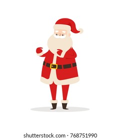 Happy smiling Santa Claus icon isolated on white background. Vector illustration with funny wintertime character in red costume with white fluffy beard