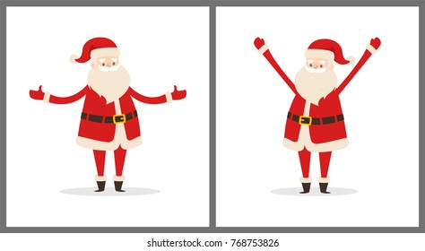 Happy smiling Santa Claus icon isolated on white background. Vector illustration with funny wintertime character in red costume with white fluffy beard