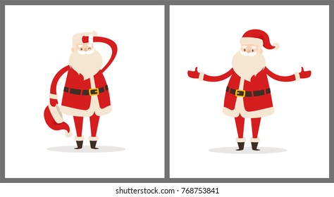 Happy smiling Santa Claus icon isolated on white background. Vector illustration with funny wintertime character in red costume with white fluffy beard