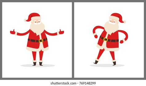 Happy smiling Santa Claus icon isolated on white background. Vector illustration with funny wintertime character in red costume with white fluffy beard