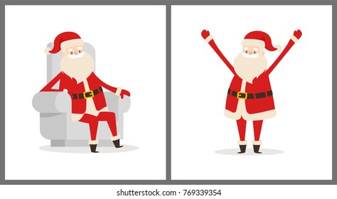 Happy smiling Santa Claus icon isolated on white background. Vector illustration with funny wintertime character in red costume with white fluffy beard