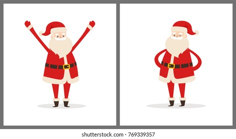 Happy smiling Santa Claus icon isolated on white background. Vector illustration with funny wintertime character in red costume with white fluffy beard