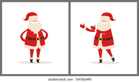 Happy smiling Santa Claus icon isolated on white background. Vector illustration with funny wintertime character in red costume with white fluffy beard