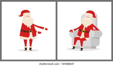 Happy smiling Santa Claus icon isolated on white background. Vector illustration with funny wintertime character in red costume with white fluffy beard