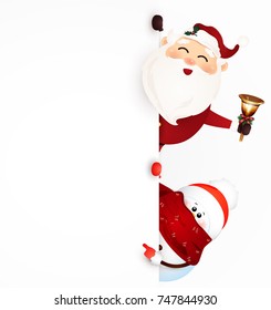Happy smiling Santa Claus with jingle bell and snowman standing behind a blank sign, showing on big blank sign. vector illustration.