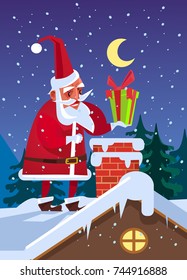 Happy smiling Santa Claus put gift box in chimney. Marry Christmas and Happy New Year concept. Vector flat cartoon illustration