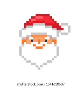 Happy smiling Santa Claus in a red hat, pixel art character isolated on white background. 8 bit Christmas old man avatar. Winter holiday logo. Vintage retro 80s-90s slot machine/video game graphics.