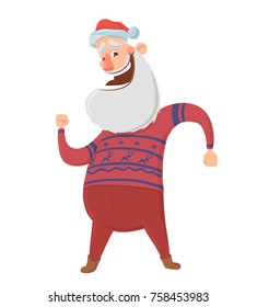 Happy smiling Santa Claus in red deer sweater dancing on white background. Merry Christmas and Happy New Year. Isolated vector illustration. Cartoon character.