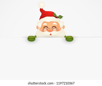 Happy smiling Santa Claus standing behind a blank sign, showing on big blank sign. Cartoon Santa Claus character with white copy space. Santa clause. vector illustration.