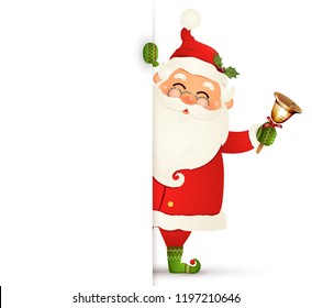 Happy smiling Santa Claus standing behind a blank sign, showing on big blank sign. Cartoon Santa Claus character with jingle bell and white copy space. Santa clause. vector illustration.