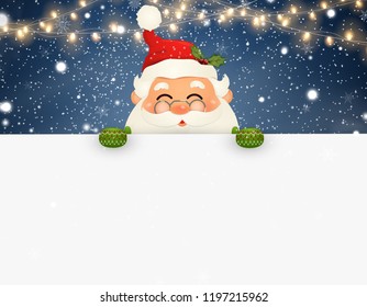 Happy smiling Santa Claus standing behind a blank sign, showing on big blank sign. Cartoon Santa Claus character with white copy space. Christmas background with Falling Christmas snow, light.