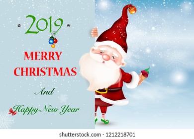 Happy smiling Santa Claus standing behind a blank sign, showing a large wooden sign.
Christmas card. Symbol of the Nativity of Christ. Merry Christmas.