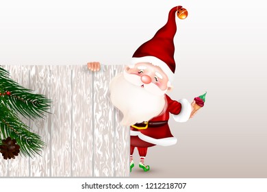 Happy smiling Santa Claus standing behind a blank sign, showing a large wooden sign.
Christmas card. Symbol of the Nativity of Christ. Merry Christmas.