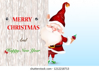 Happy smiling Santa Claus standing behind a blank sign, showing a large wooden sign.
Christmas card. Symbol of the Nativity of Christ. Merry Christmas.