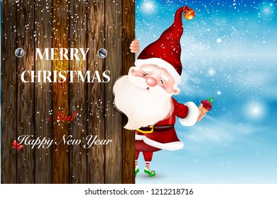 Happy smiling Santa Claus standing behind a blank sign, showing a large wooden sign.
Christmas card. Symbol of the Nativity of Christ. Merry Christmas.