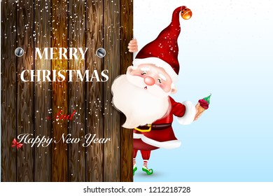 Happy smiling Santa Claus standing behind a blank sign, showing a large wooden sign.
Christmas card. Symbol of the Nativity of Christ. Merry Christmas.