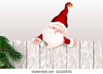 Happy smiling Santa Claus standing behind a blank sign, showing a large wooden sign.
Christmas card. Symbol of the Nativity of Christ. Merry Christmas.