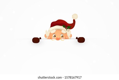 Happy smiling Santa Claus standing behind a blank sign, showing on big blank sign. Cartoon Santa Claus character with white copy space. Santa clause. vector illustration.
